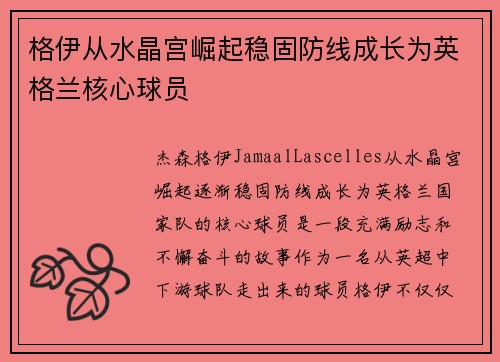 格伊从水晶宫崛起稳固防线成长为英格兰核心球员